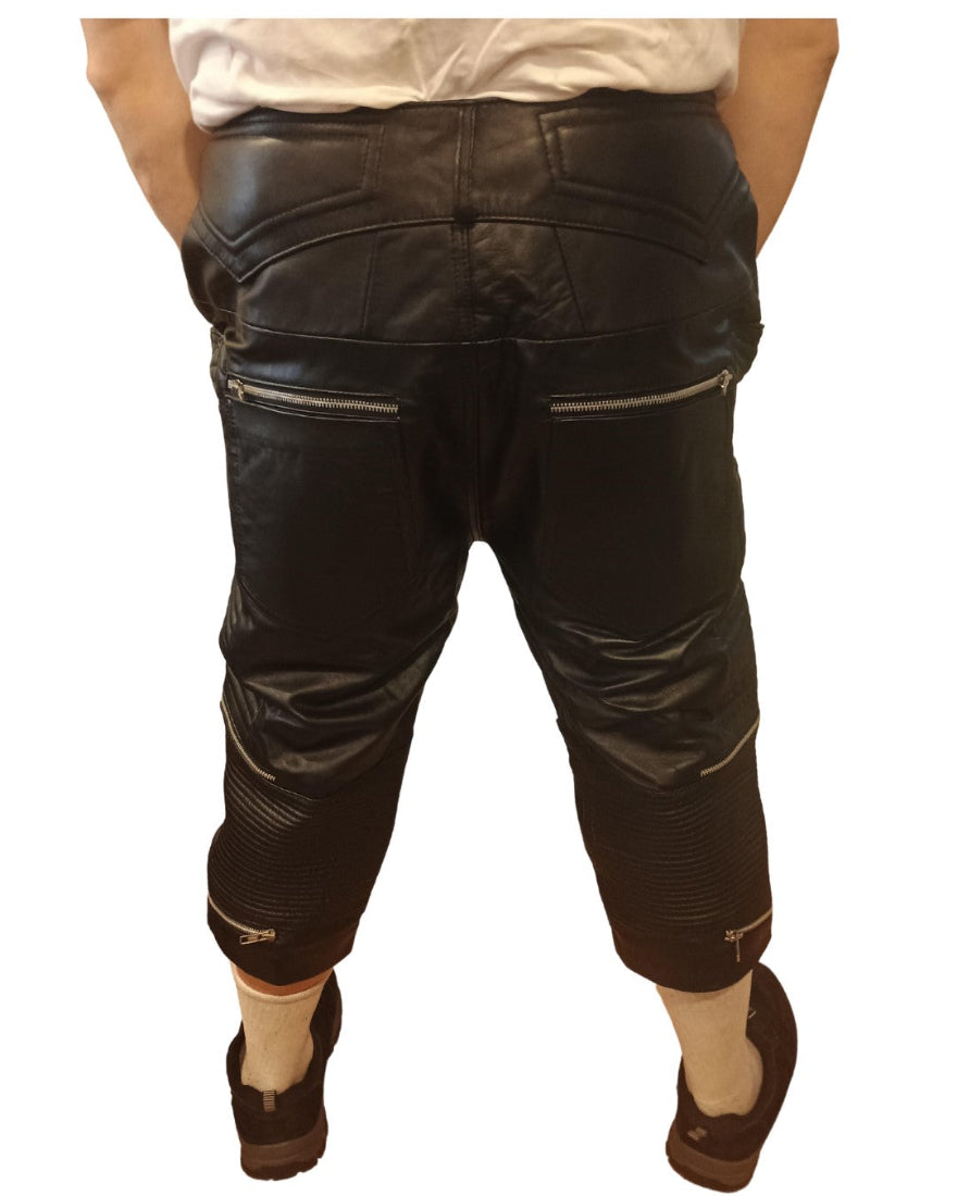 Picture of our Mens Leather Shorts With Zippers on a model, back view.