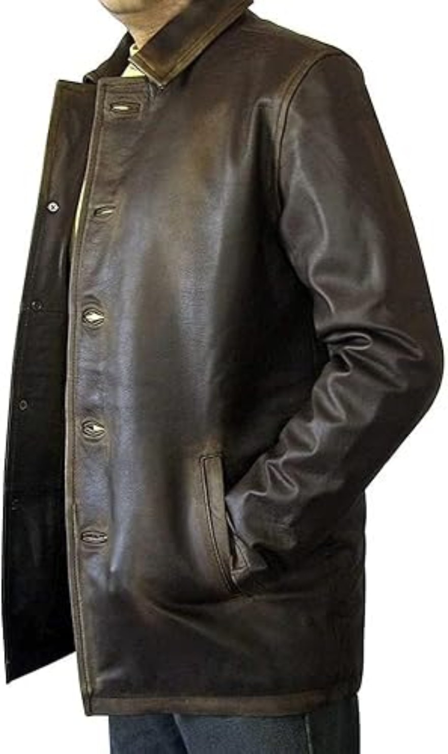 Picture of a model wearing our Leather Trench Coat Dark Brown, side view.