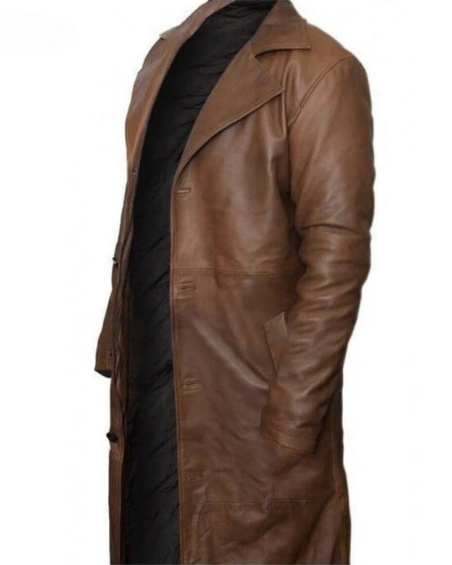 Picture of our Mens Leather Trench Coat Full Length in brown, on a mannequin, side view.