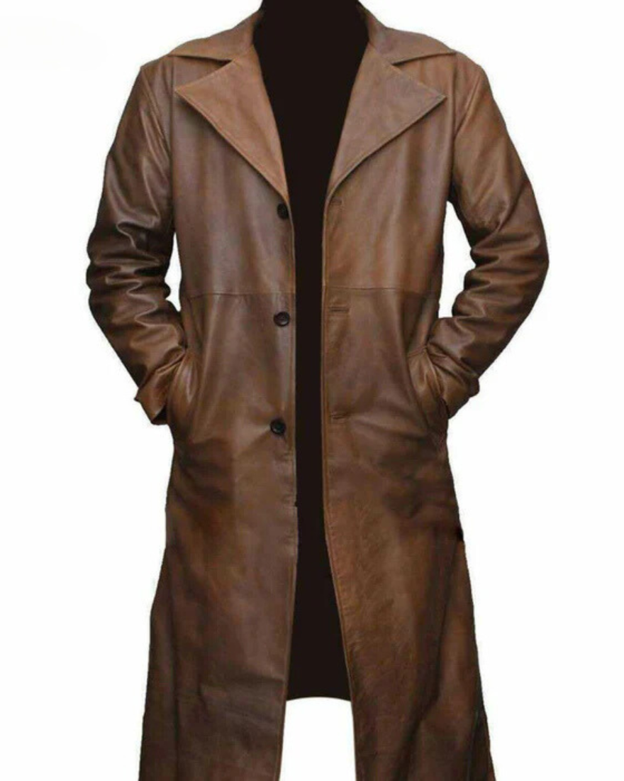 Picture of our Mens Leather Trench Coat Full Length in brown, on a mannequin, front view.