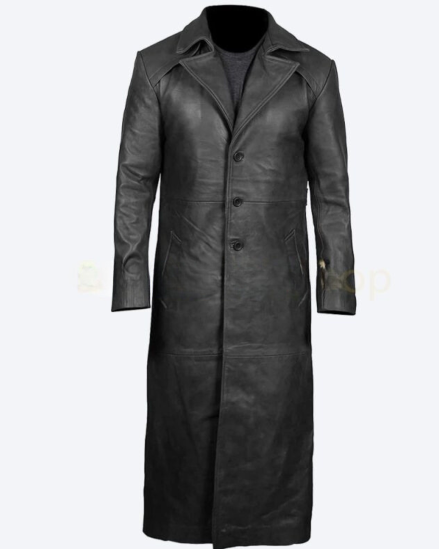Picture of our Picture of our Mens Leather Trench Coat Full Length in Black , front view.  trench coat is on a mannequin.