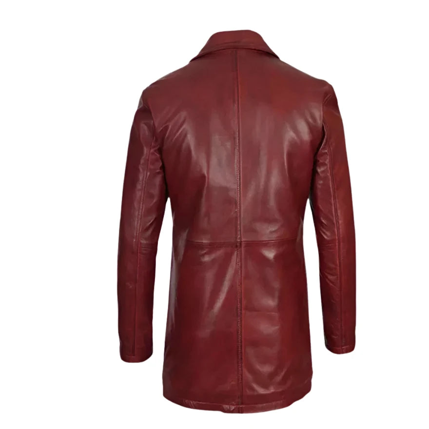 Picture of our Maroon  Leather Trench Coat for men on a mannequin, back view.