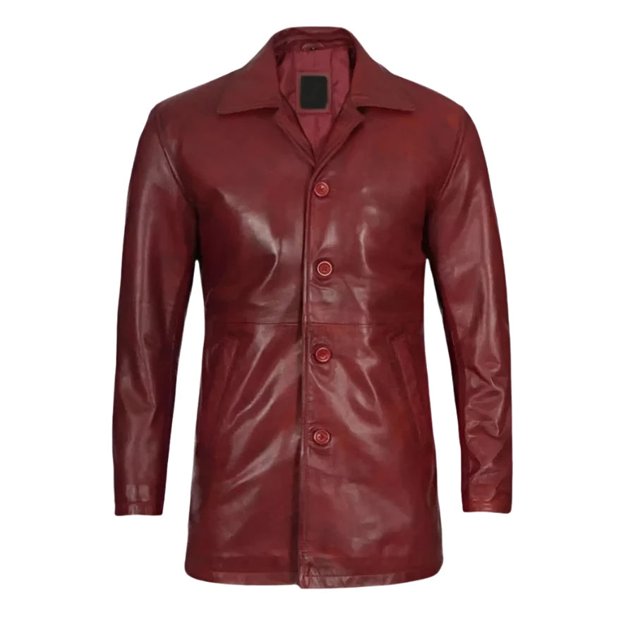 Picture of our Maroon  Leather Trench Coat for men on a mannequin, front view.