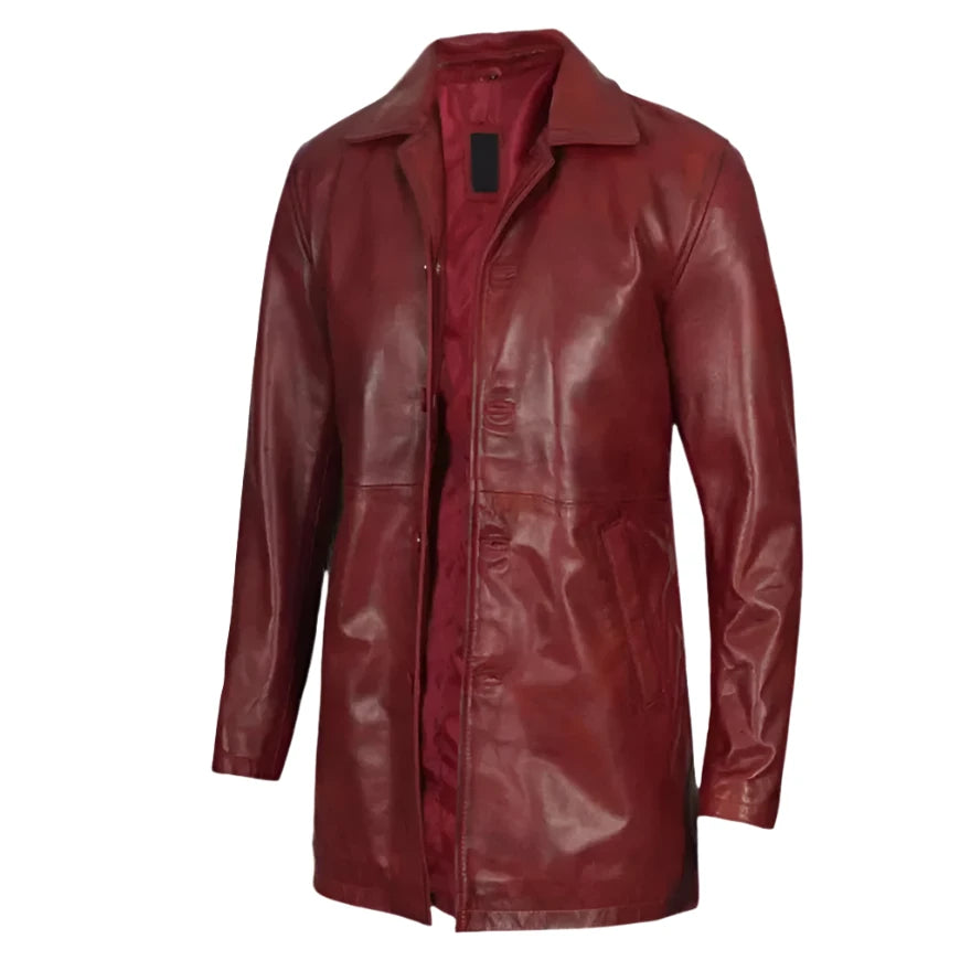 Picture of our Maroon  Leather Trench Coat for men on a mannequin, side view.