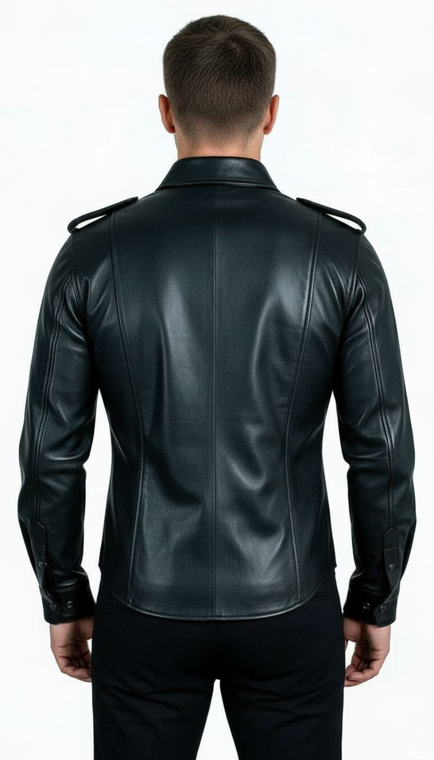 Man wearing our black leather uniform shirt with shoulder epaulets on a white background, back view.