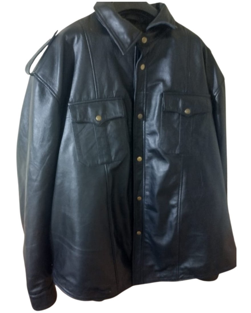 Picture of our leather uniform shirt in black, side 1 view.