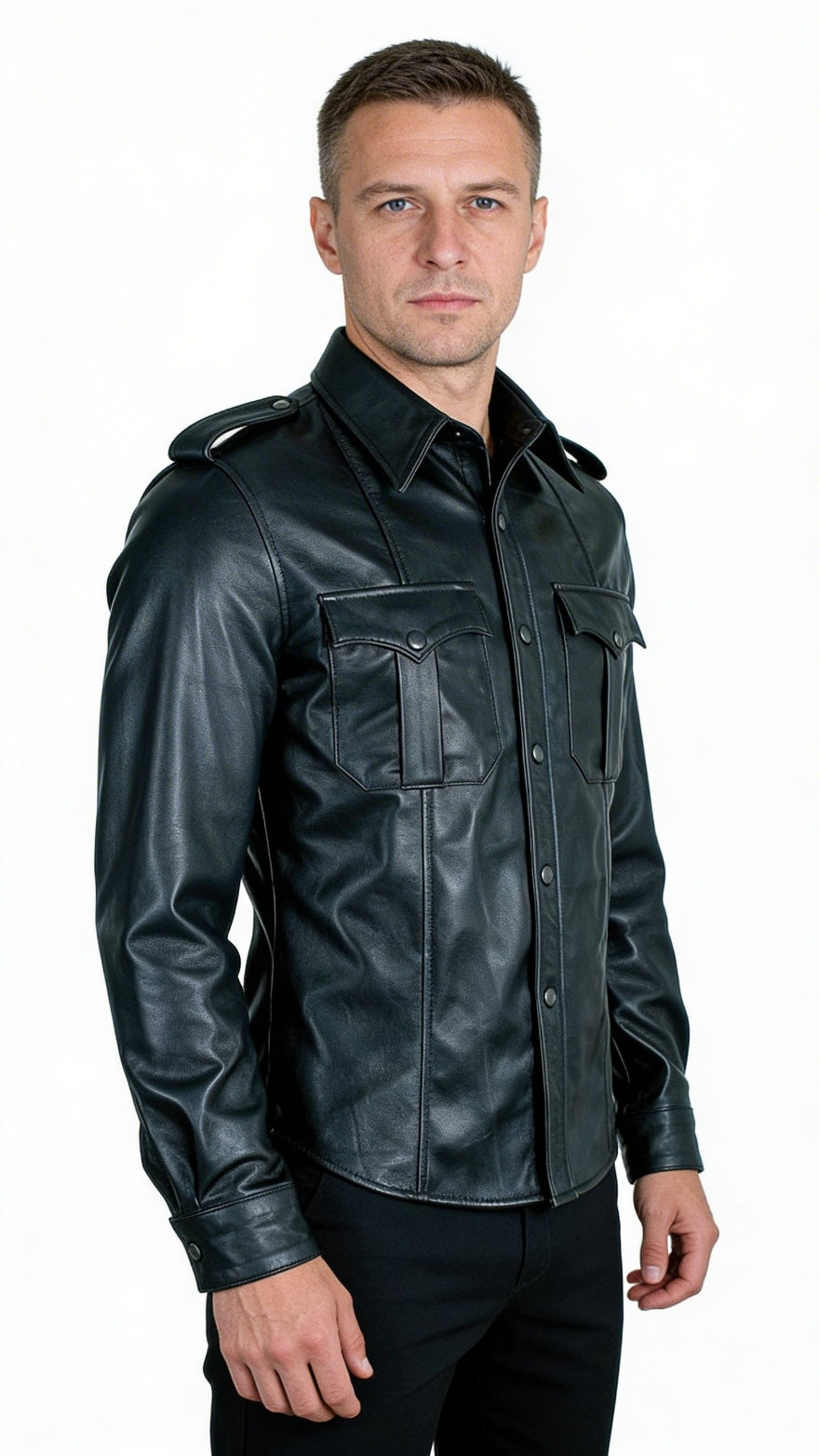 Man wearing our black leather uniform shirt with shoulder epaulets on a white background. side view.