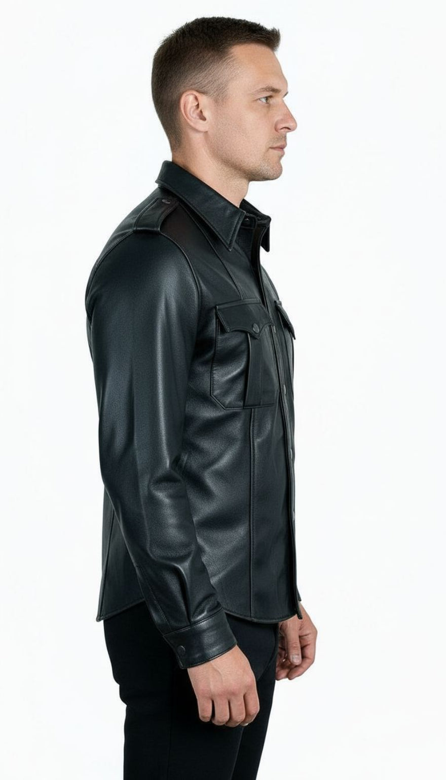 Man wearing our black leather uniform shirt with shoulder epaulets on a white background, side view.