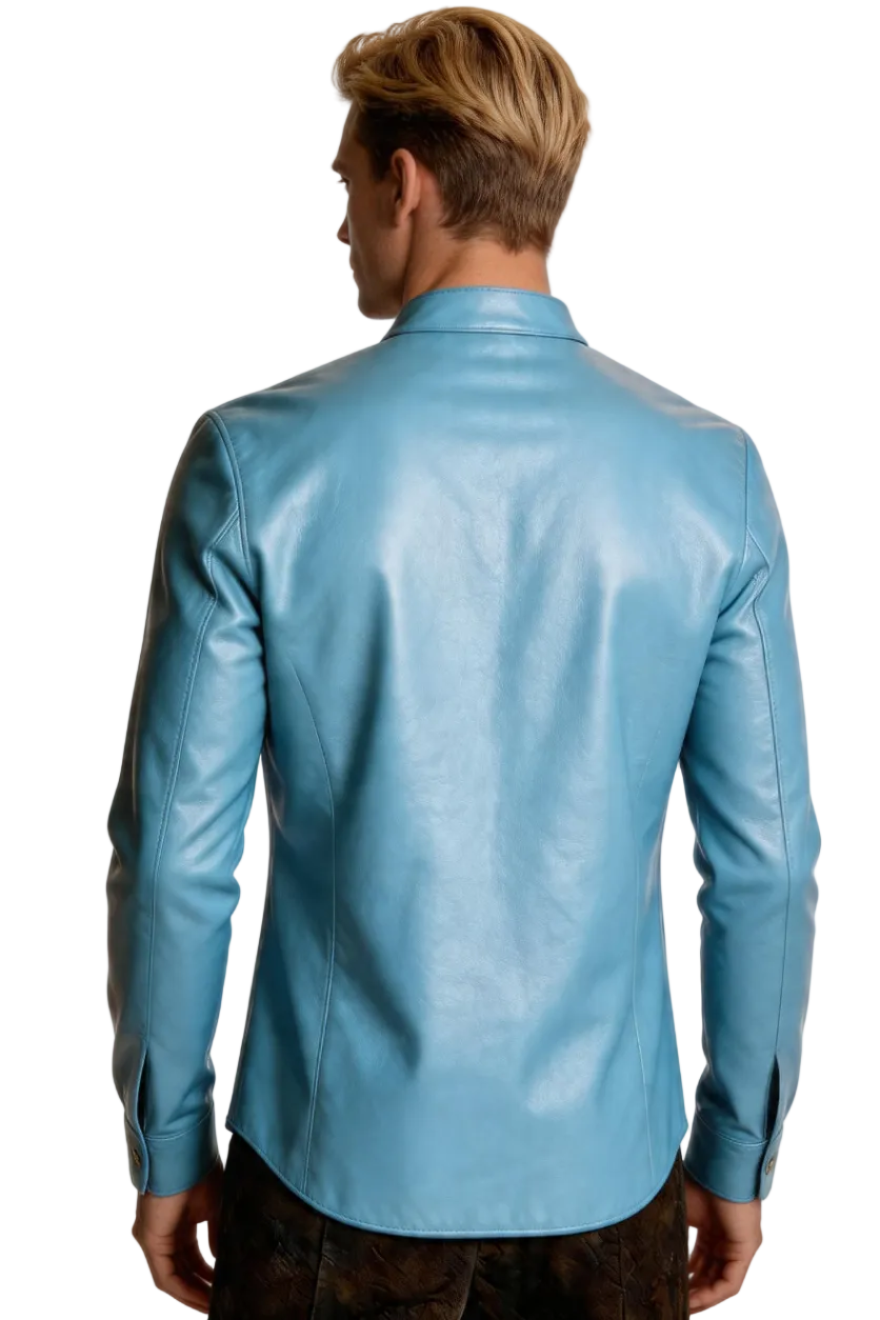 Man wearing our Mens Light Blue Leather Shirt on a white background, back view.