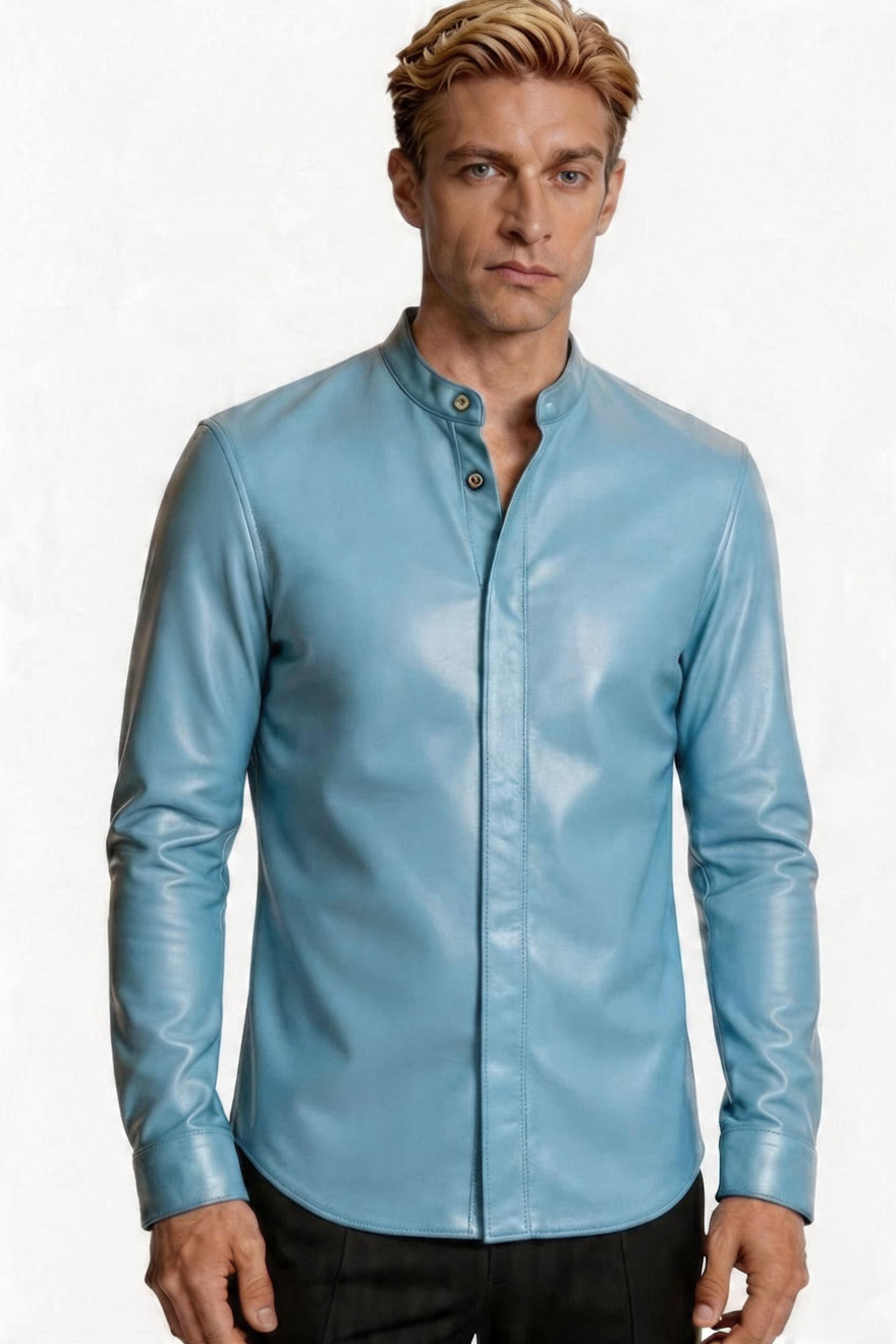Man wearing a Mens Light Blue Leather Shirt on a white background