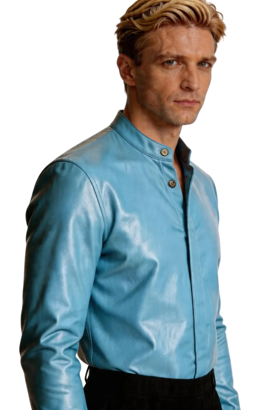 Man wearing our Mens Light Blue Leather Shirt on a white background, side view.