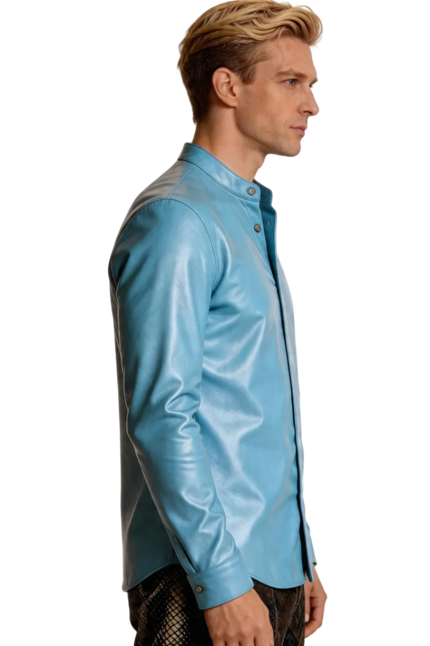 Man wearing our Mens Light Blue Leather Shirt on a white background