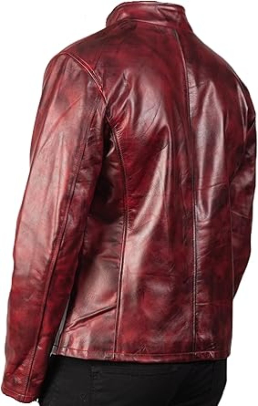 Picture of our Mens Maroon Leather Jacket, Back view.