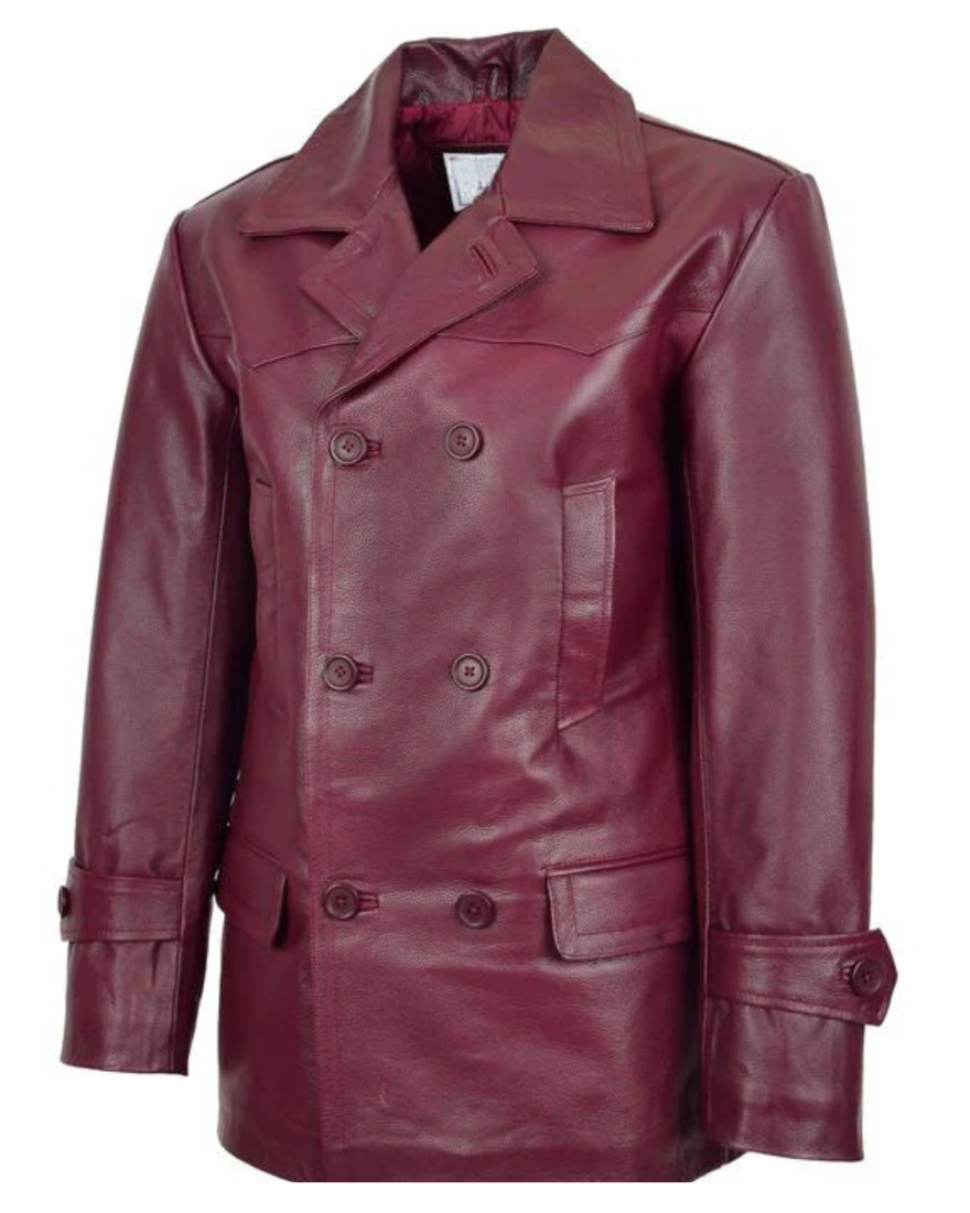 Picture of our Mens Maroon Peacoat on a mannequin, front  view.