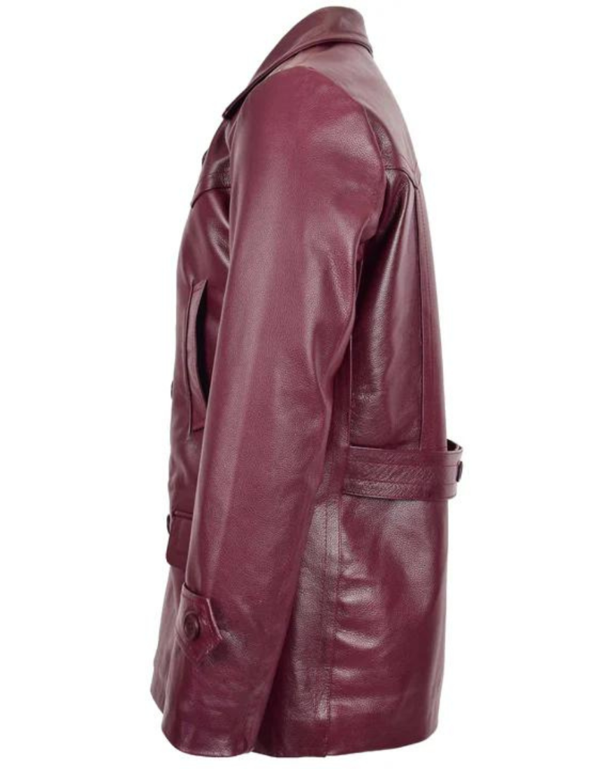 Picture of our Mens Maroon Peacoat on a mannequin,side view.