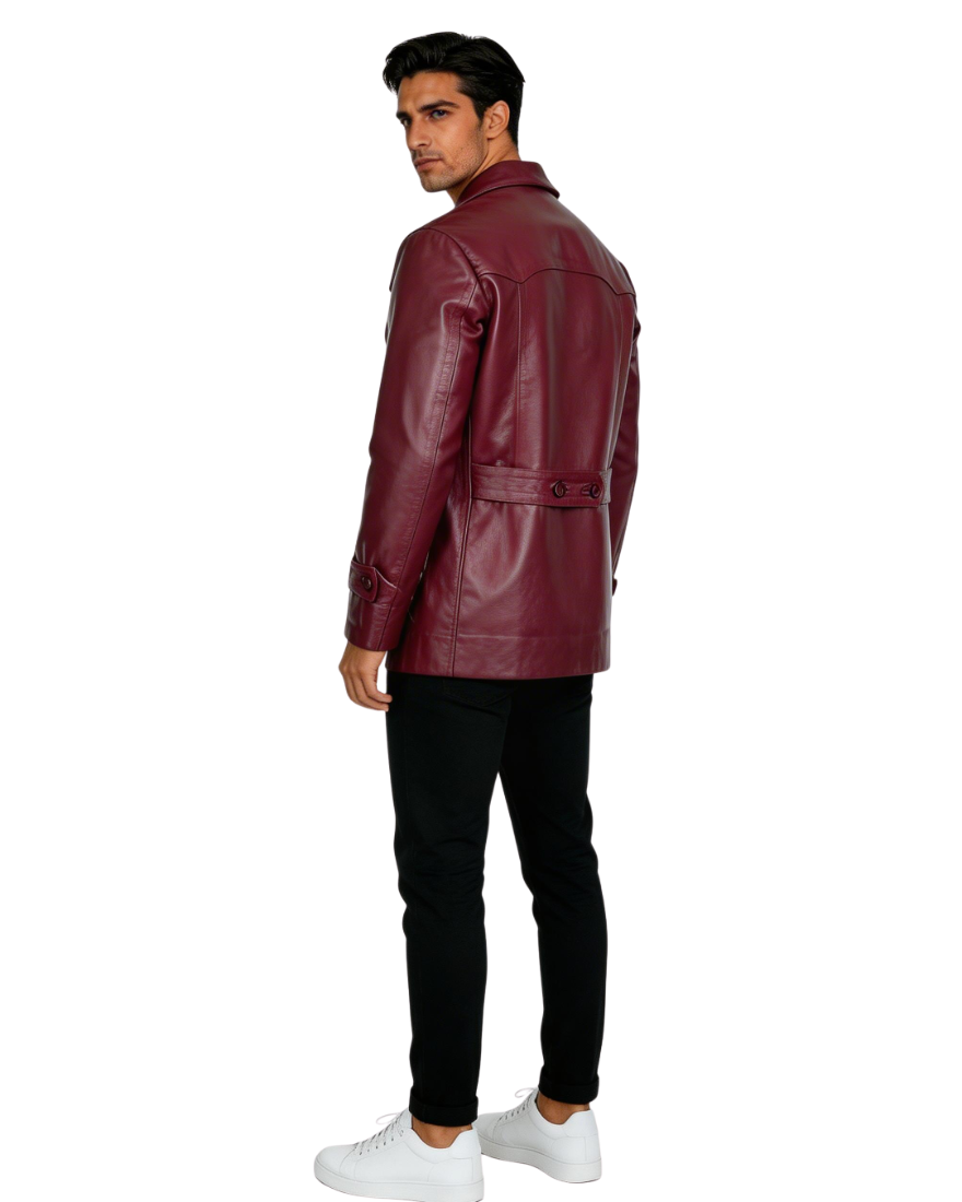 Man wearing a burgundy leather jacket on a white background, back view