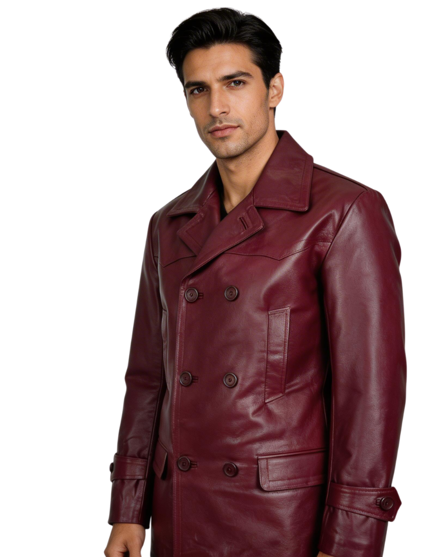 Man wearing a burgundy leather jacket on a white background, front view