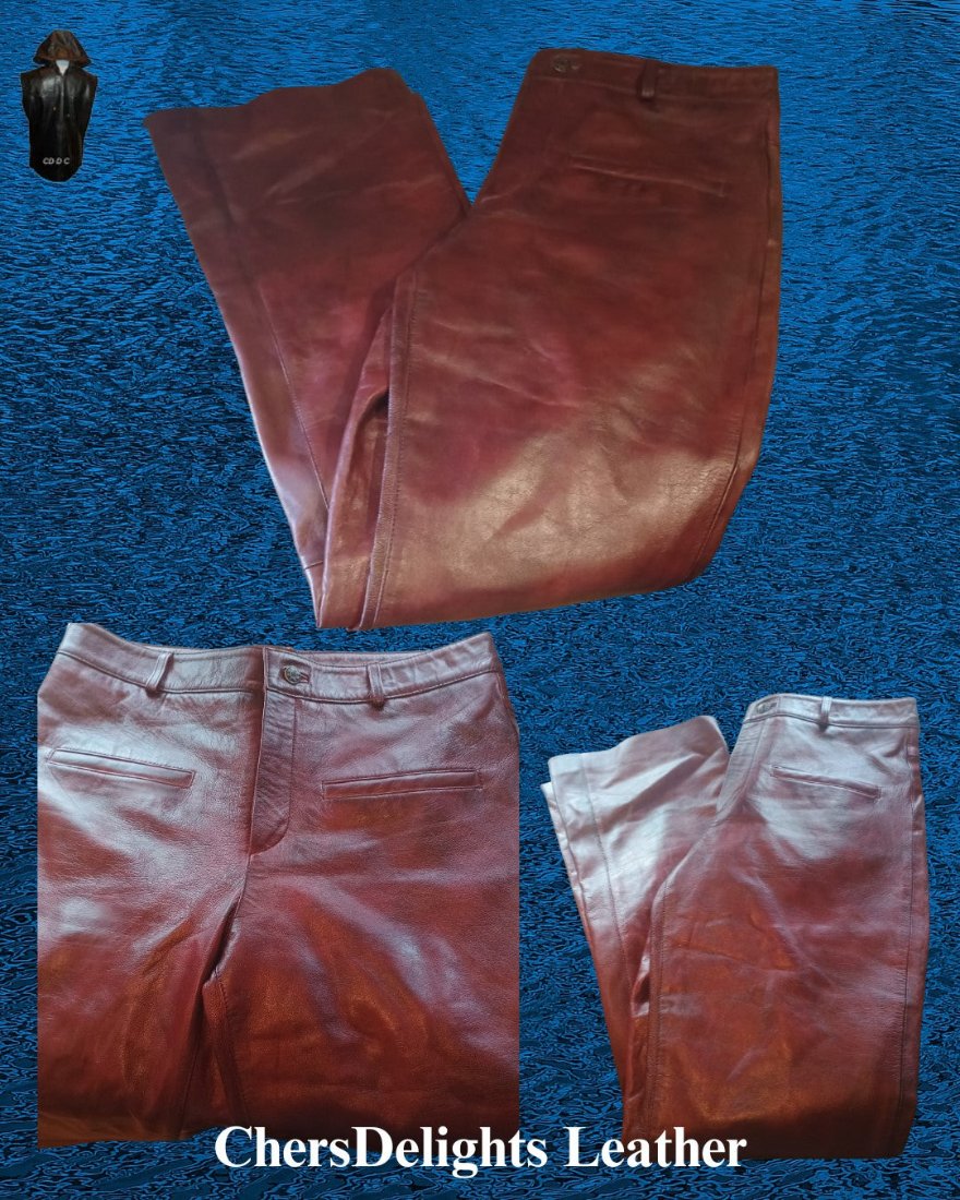 Collage picture of  our Mens Maroon Flare Leather Pants, three views on blue background.