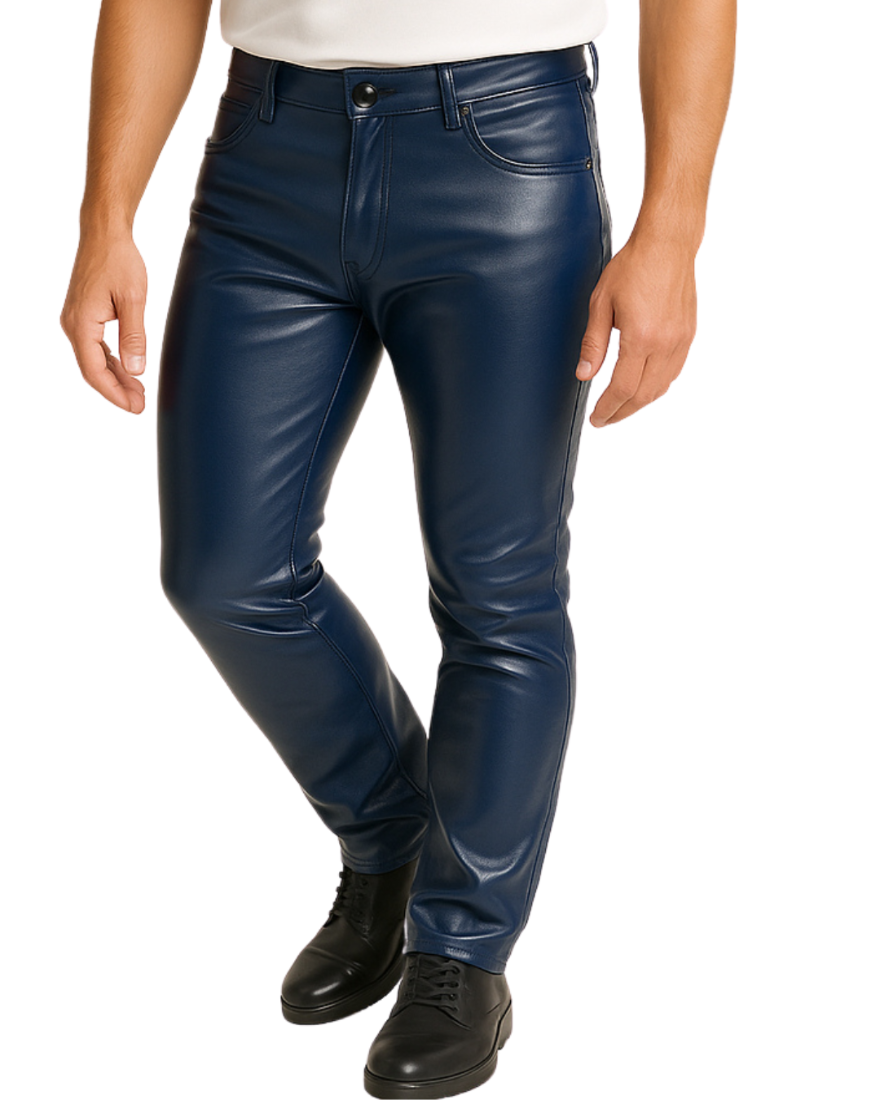 Picture of a model wearing our Men&#39;s Navy Blue Leather Pants, front view.