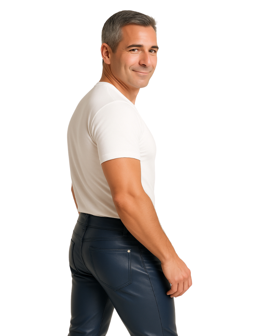 Picture of a model wearing our Men&#39;s Navy Blue Leather Pants, side view.