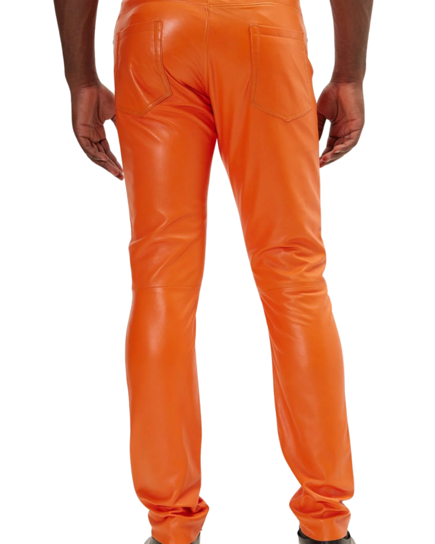 Picture of a model wearing our Mens Orange Leather pants, back view