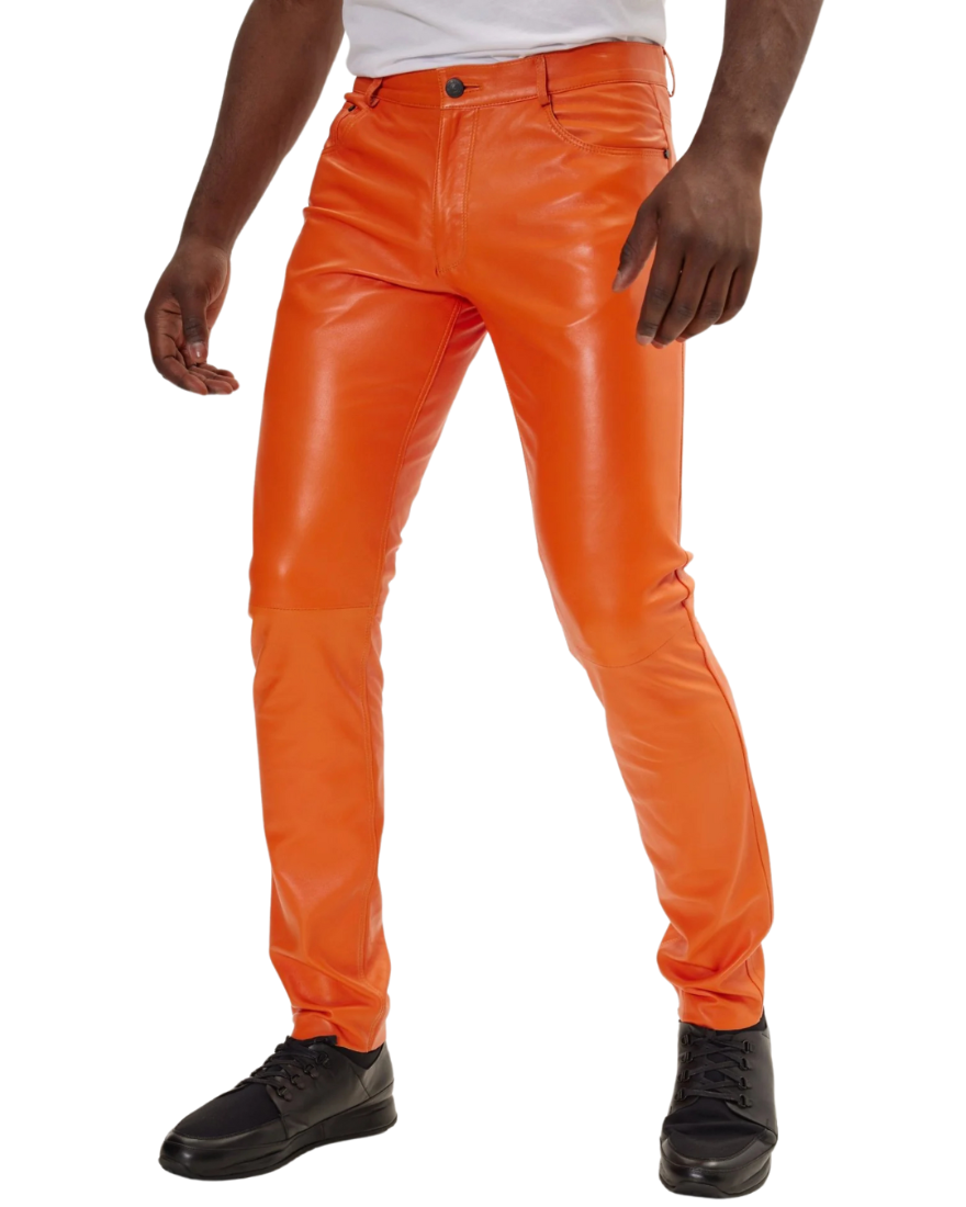 Picture of a model wearing our Orange Leather pants, side view