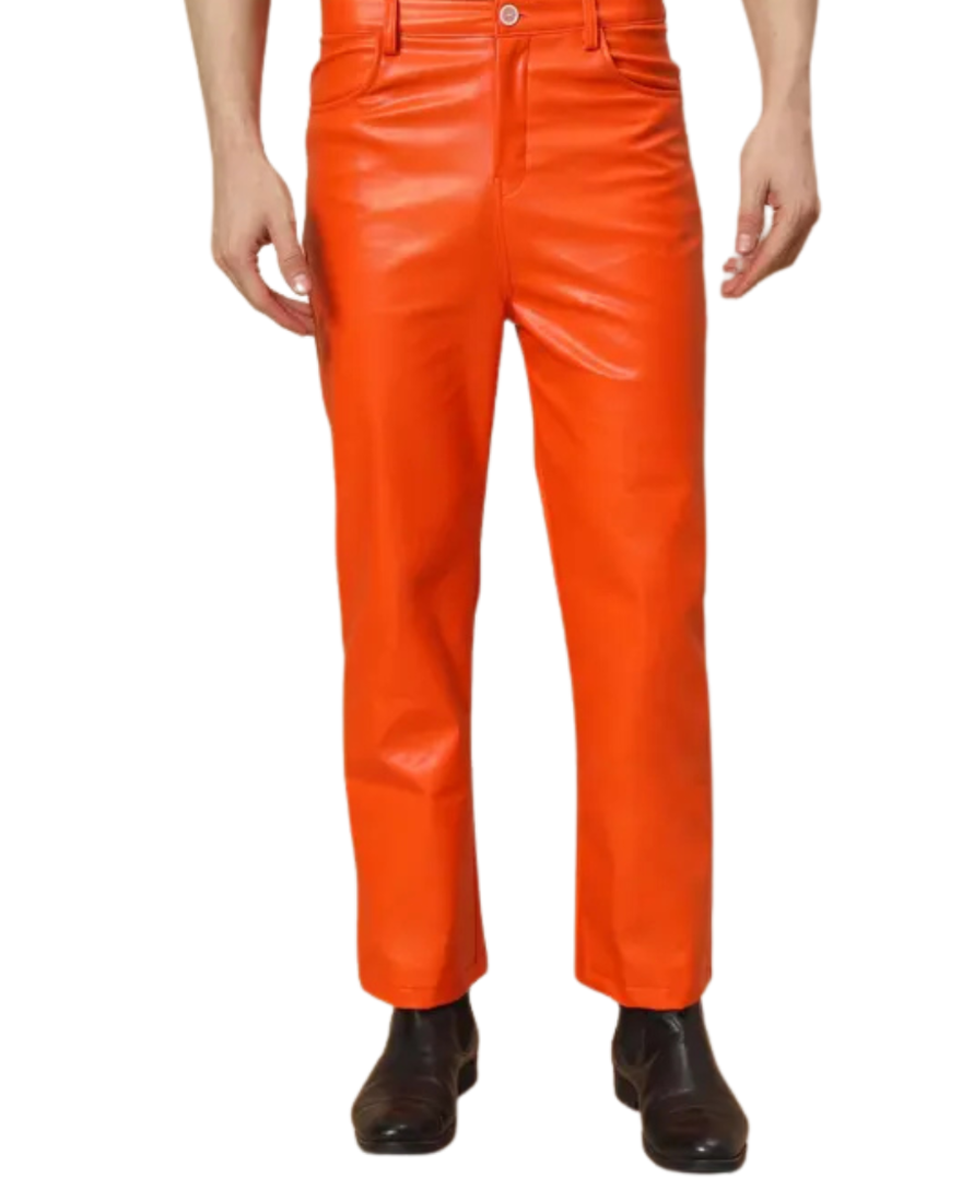 Picture of a model wearing our Mens Orange Leather Pants, Front view -1