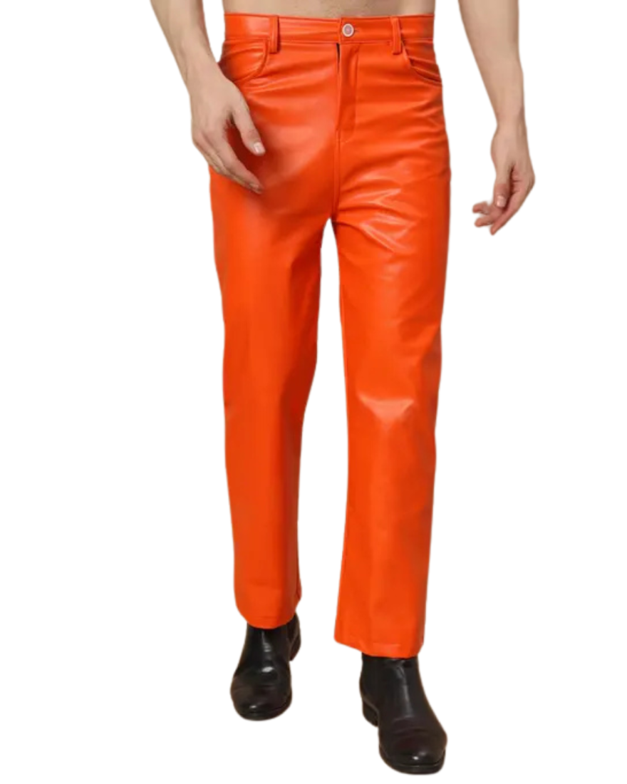 Picture of a model wearing our Mens Orange Leather Pants, Front view 