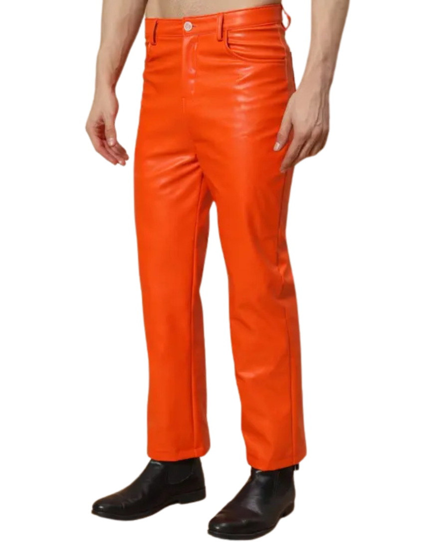 Picture of a model wearing our Mens Orange Leather Pants, Side view -1