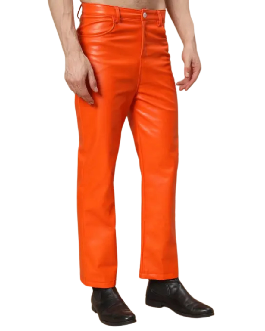 Picture of a model wearing our Mens Orange Leather Pants, Side view 