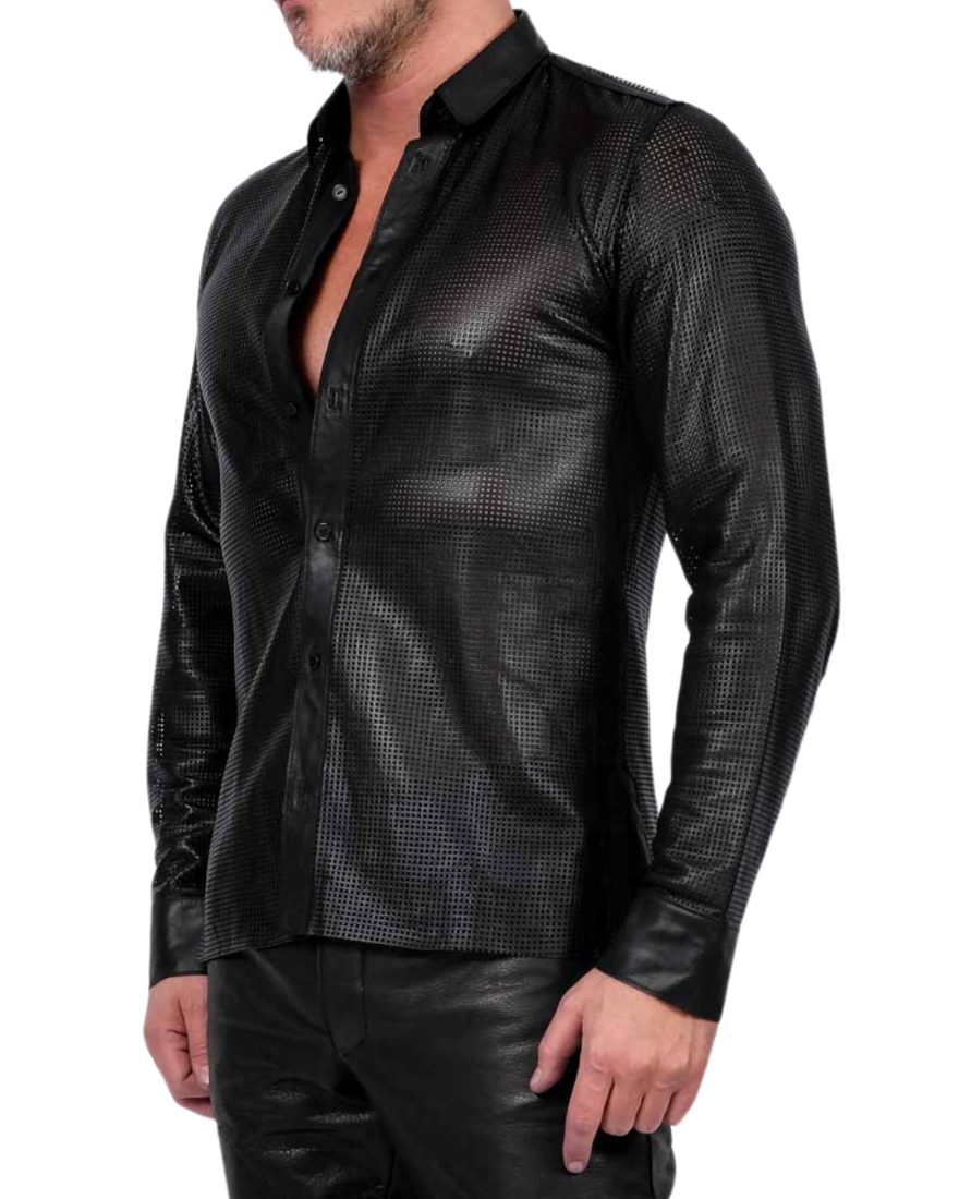 Picture of a model wearing our Mens Perforated Leather Button Up Shirt, side view.