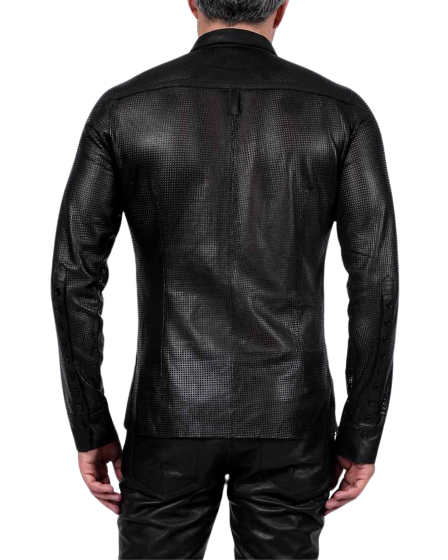 Picture of a model wearing our Mens Perforated Leather Button Up Shirt, back view.