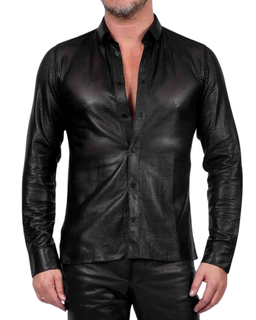 Picture of a model wearing our Mens Perforated Leather Button Up Shirt, front view.