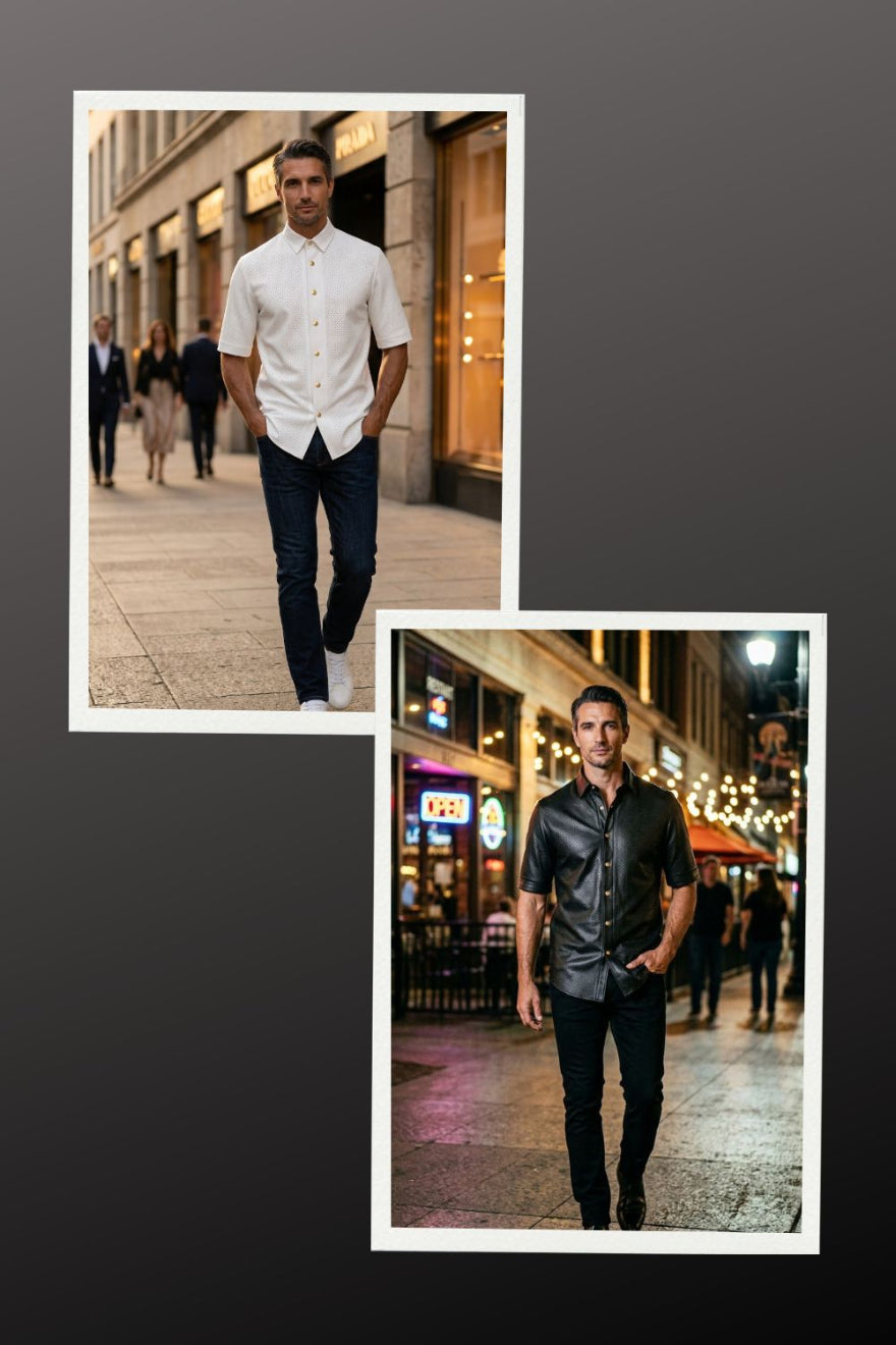 Collage image of a man wearing our Mens Perforated Leather Short Sleeve Shirt on a city street. One image of white shirt  and the other of black shirt.