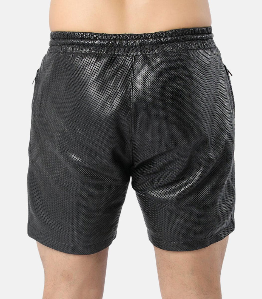 Picture of our Mens Perforated Leather Shorts in black, on a model, back view