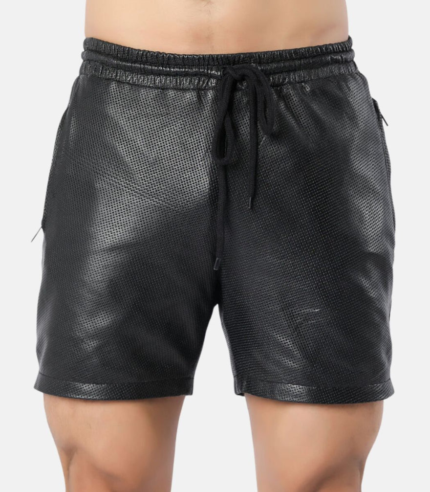 Picture of our Mens Perforated Leather Shorts in black, on a model, front view