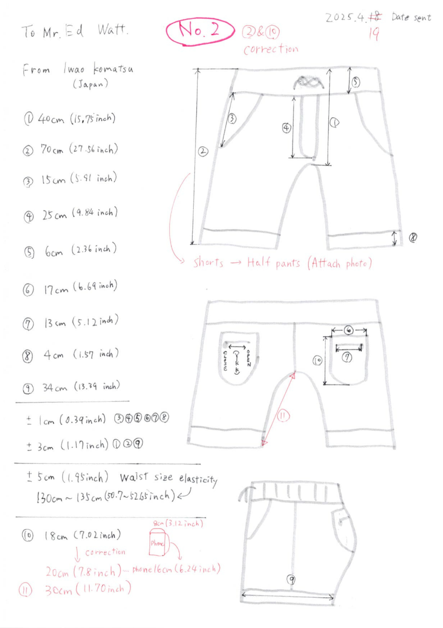 Picture of a sketch of our Mens Perforated Leather Shorts showing all measurements