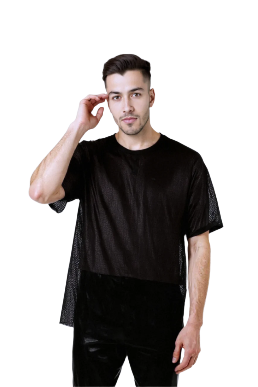 Picture of a model wearing our Mens Perforated Leather Tee Shirt, Front view.