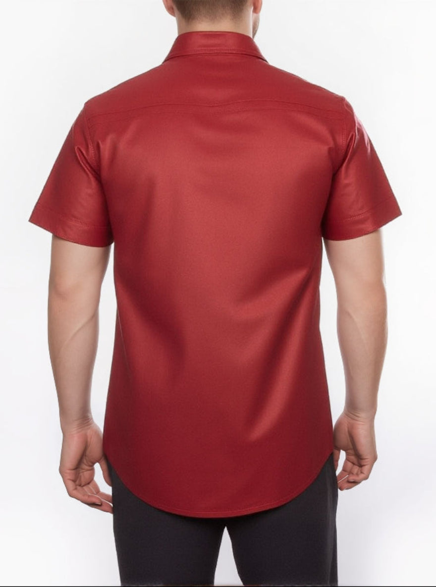 Picture of a model wearing our Red Leather short sleeve shirt, Back view.
