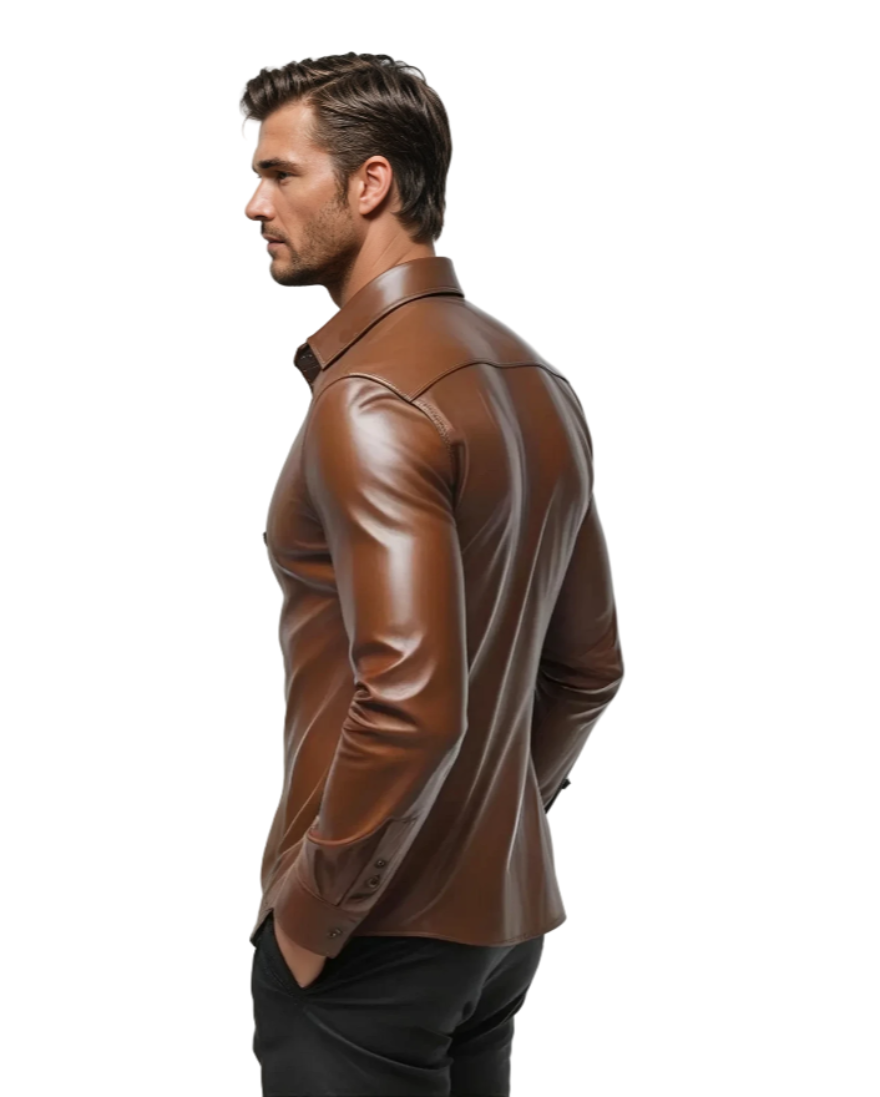 Man wearing our Mens Tan Leather Shirt on a white background, side view.