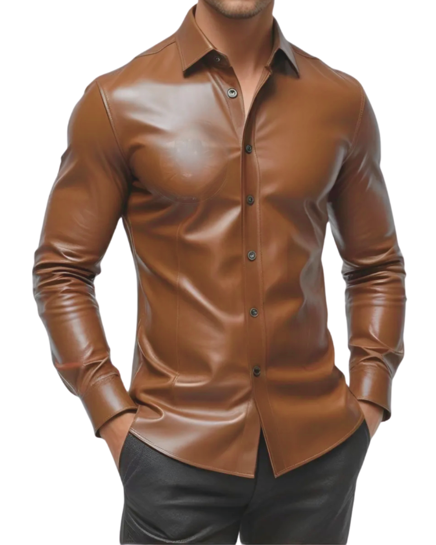 Our Men&#39;s Tan Leather Shirt on a white background, front view.