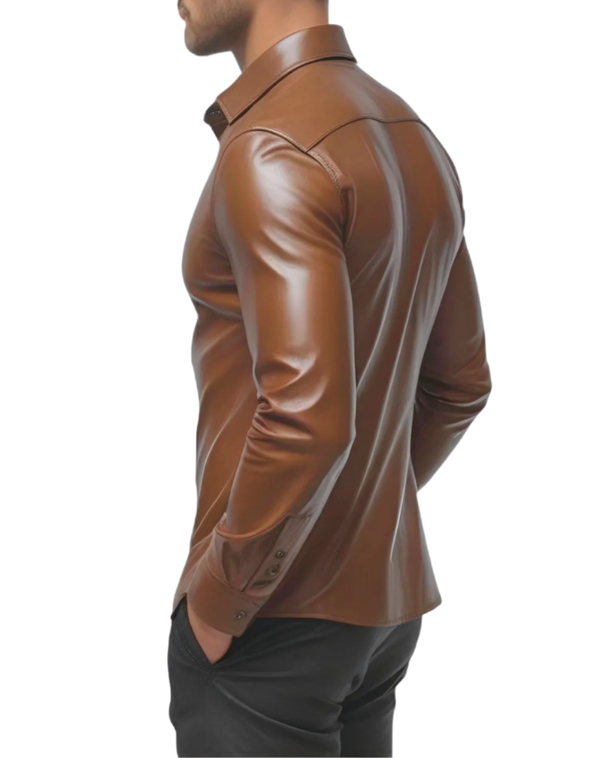 Mens Tan Leather Shirt worn by a person on a white background