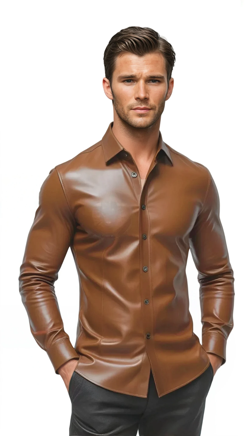 Man wearing our Mens Tan Leather Shirt on a white background, front view.