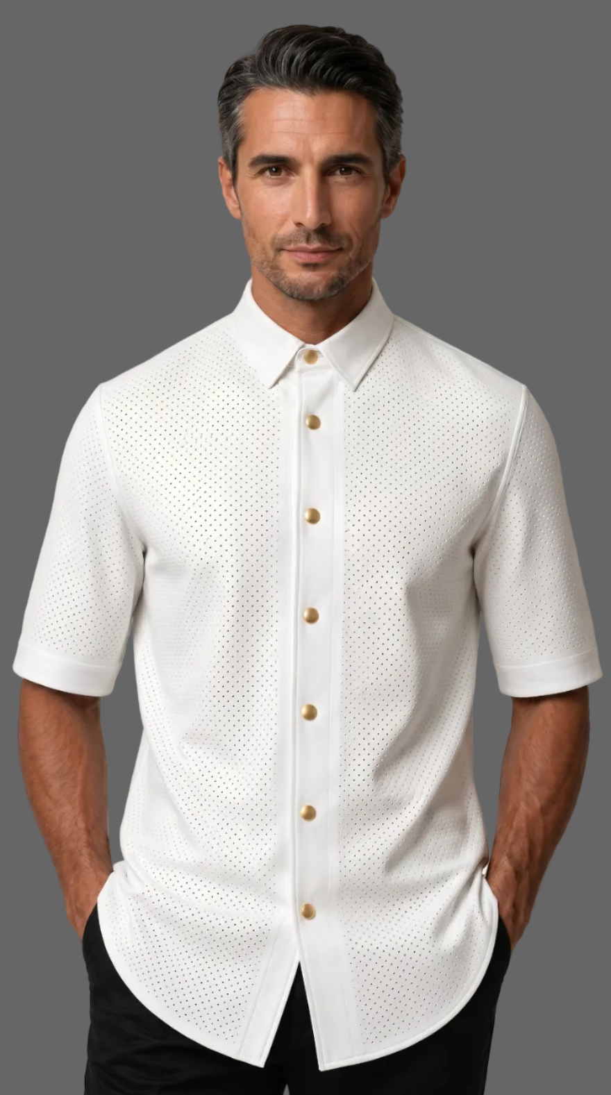 Man wearing our Mens White Perforated Leather Shirt with gold buttons on a off white background