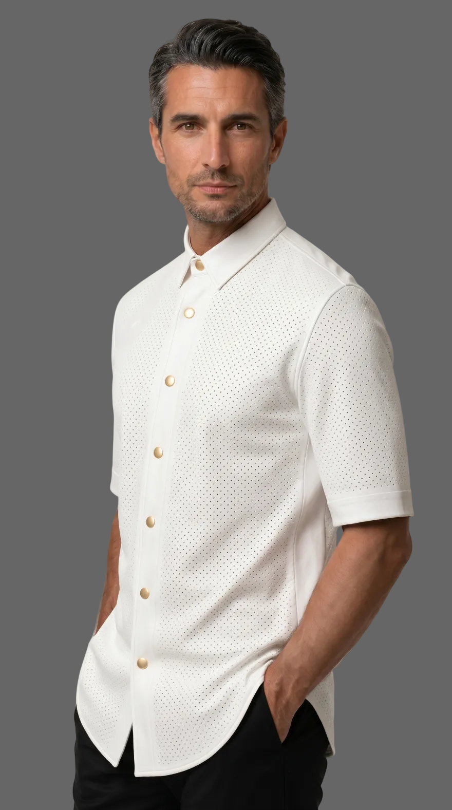 Man wearing our Mens White Perforated Leather Shirt with gold buttons on a white background. Front view.