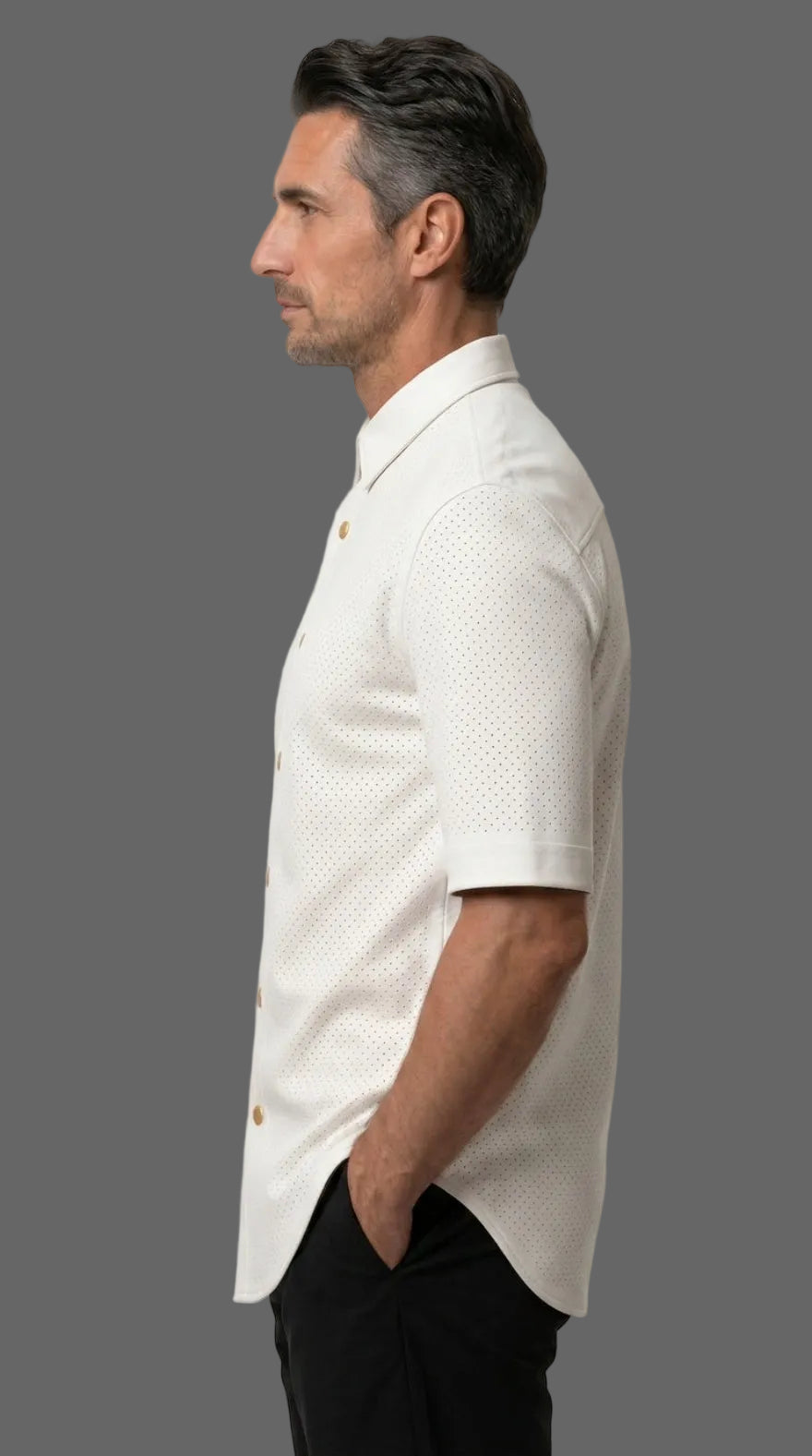 Man wearing our Mens White Perforated Leather Shirt on a white background