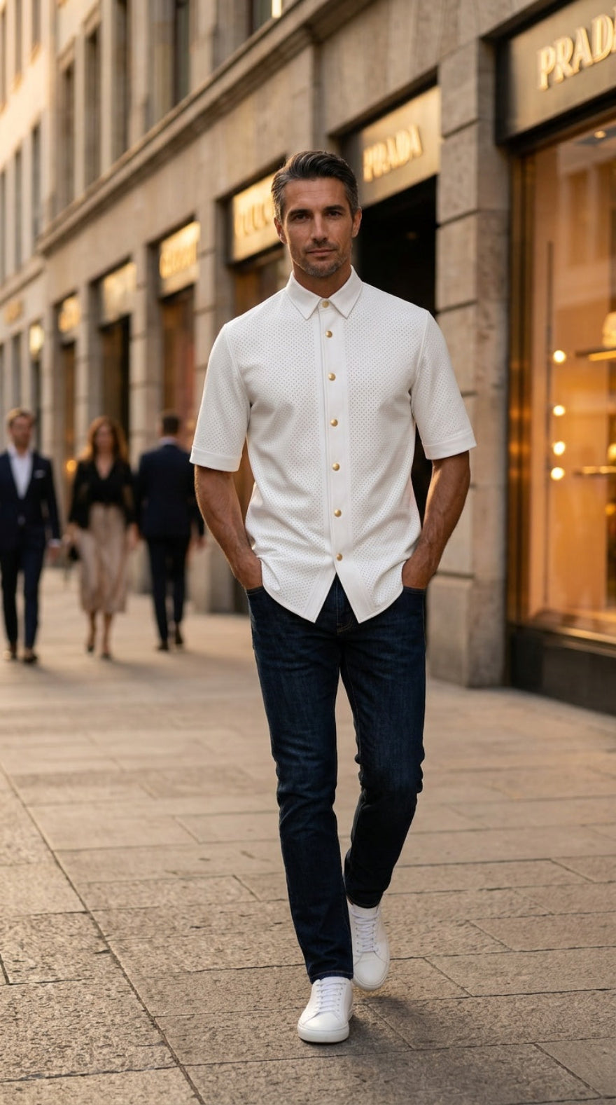 Man in a Mens White Perforated Leather Shirt  and dark jeans walking on a city street with Prada store in the background