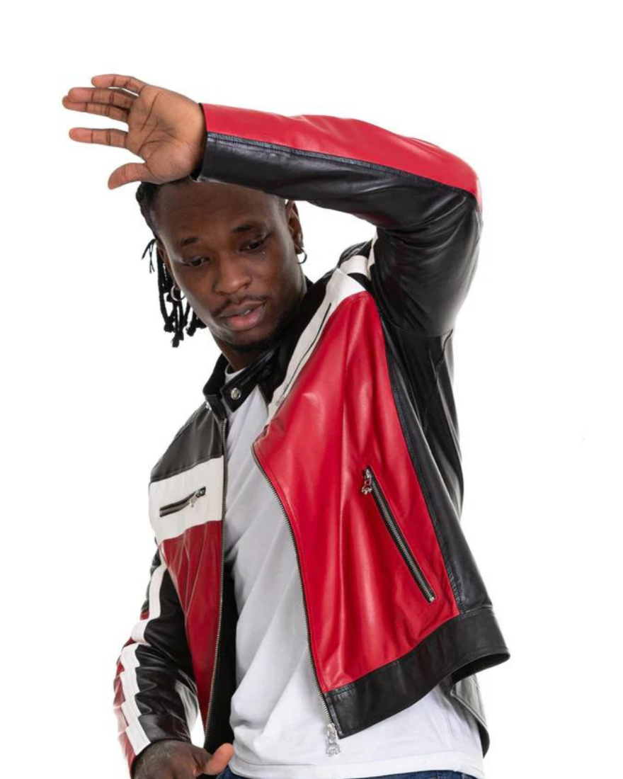 Picture of our  Multicolor Leather Jacket Mens , front and sleeve view