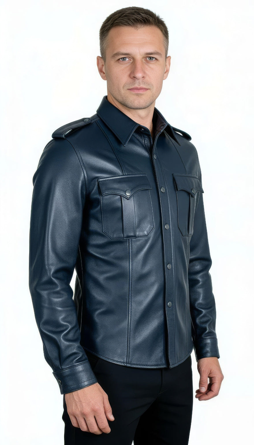 Man wearing our navy leather uniform shirt, front view, on a white background