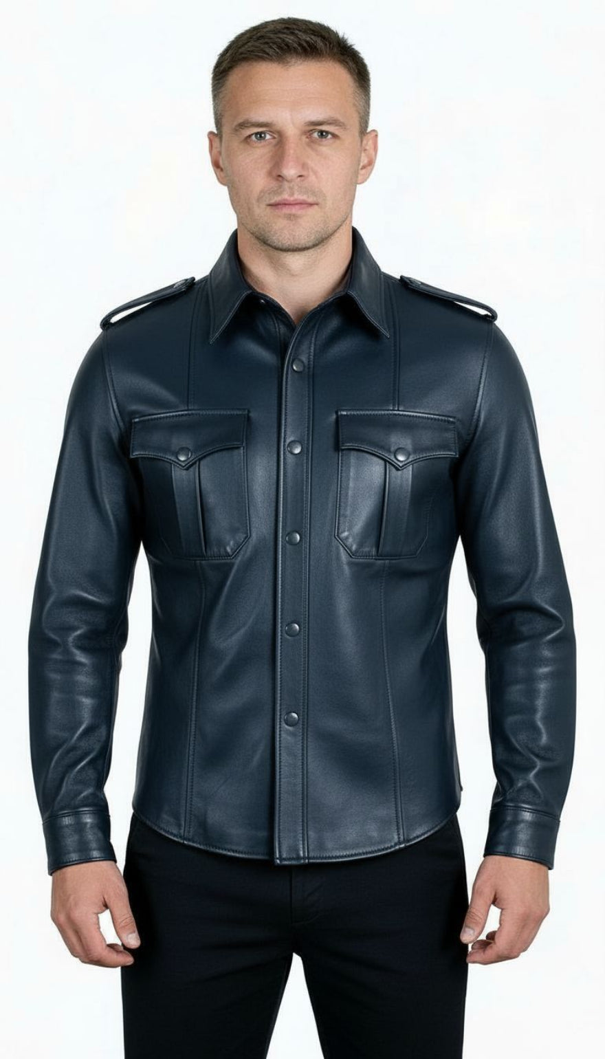 Man wearing our navy leather uniform shirt, full front view, on a white background